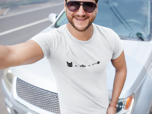 Model wearing Equation for Cats Funny Math Cat T-Shirt – unisex premium tee with humorous cat + fish = fishbone design.