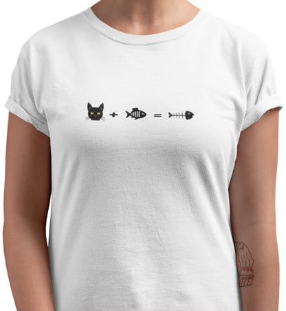 Close-up of Equation for Cats Funny Math Cat T-Shirt – fun graphic showing cat plus fish equals fishbone.