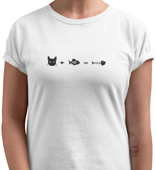 Close-up of Equation for Cats Funny Math Cat T-Shirt – fun graphic showing cat plus fish equals fishbone.