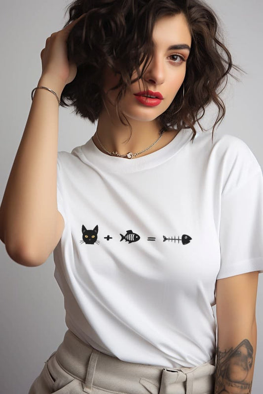 Close-up of Equation for Cats Funny Math Cat T-Shirt – fun graphic showing cat plus fish equals fishbone.
