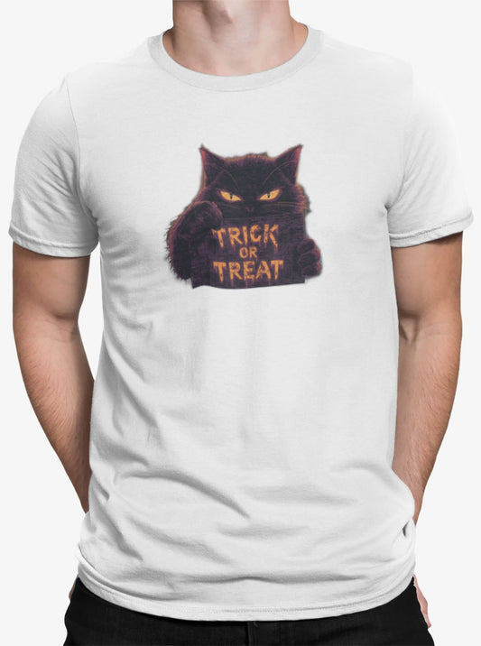 Close-up of Cursed Candy Halloween cat t-shirt design showing glowing yellow Trick or Treat sign held by mysterious cat with bright feline eyes