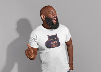 Mockup of unisex premium Cursed Candy Halloween cat t-shirt with minimalist black cat holding Trick or Treat sign in glowing yellow typography