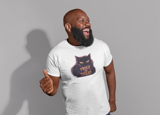 Mockup of unisex premium Cursed Candy Halloween cat t-shirt with minimalist black cat holding Trick or Treat sign in glowing yellow typography