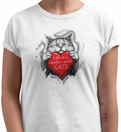 Close-up of Life Is Better With Cats t-shirt print showing sleek minimalist cat design with text