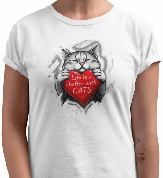 Close-up of Life Is Better With Cats t-shirt print showing sleek minimalist cat design with text