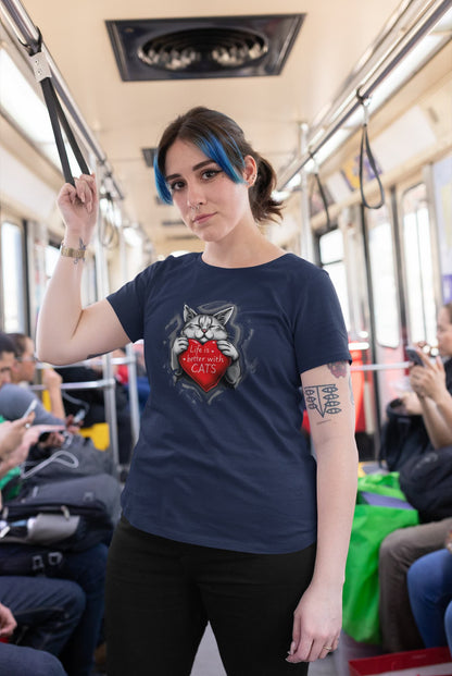 Model wearing Life Is Better With Cats women’s t-shirt, minimalist cat lover fashion