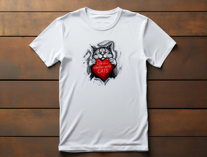 Flat lay of Life Is Better With Cats classic women’s t-shirt featuring bold artistic cat design