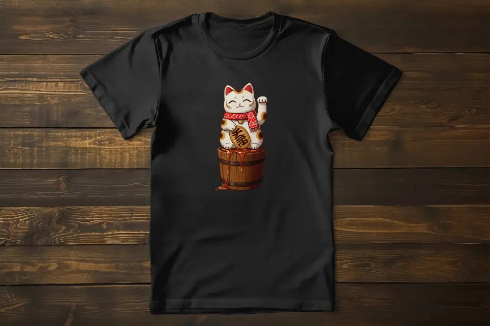 Lucky Maple Cat Unisex T-Shirt – cozy Maneki-neko in scarf on maple syrup barrel, Canadian-inspired lucky cat design.