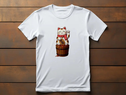 Lucky Maple Cat Unisex T-Shirt – cozy Maneki-neko in scarf on maple syrup barrel, Canadian-inspired lucky cat design.