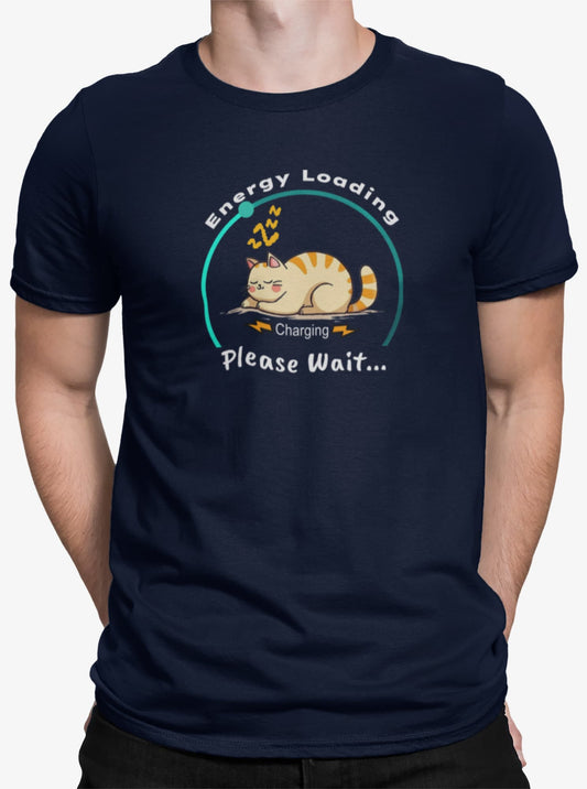 Close-up of Charger Cat Funny Sleeping Cat T-Shirt – graphic with sleeping cat, energy loading and charging please wait text.