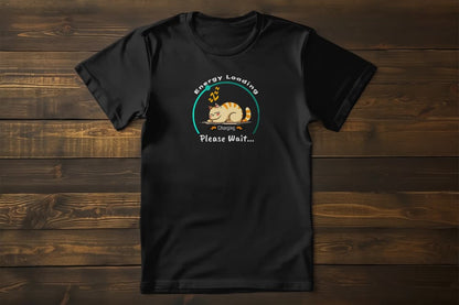 Charger Cat Funny Sleeping Cat T-Shirt – unisex premium tee with cute cat charging please wait design.