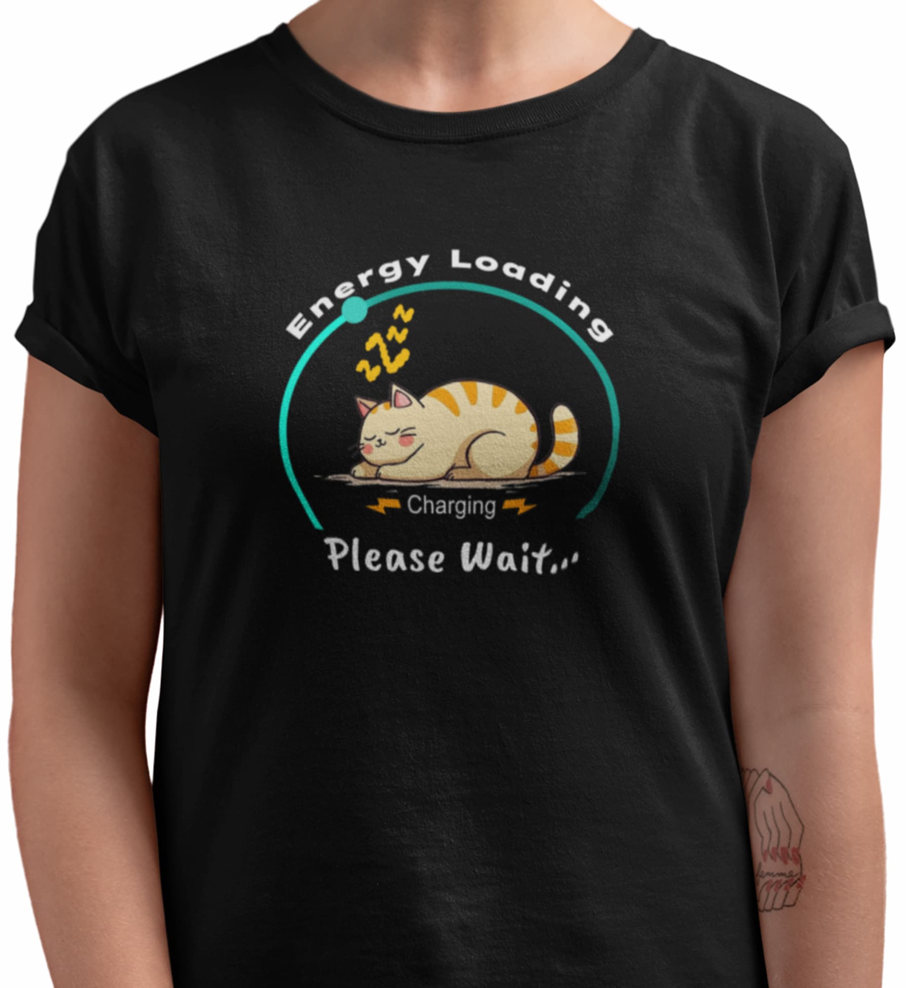 Close-up of Charger Cat Funny Sleeping Cat T-Shirt – graphic with sleeping cat, energy loading and charging please wait text.