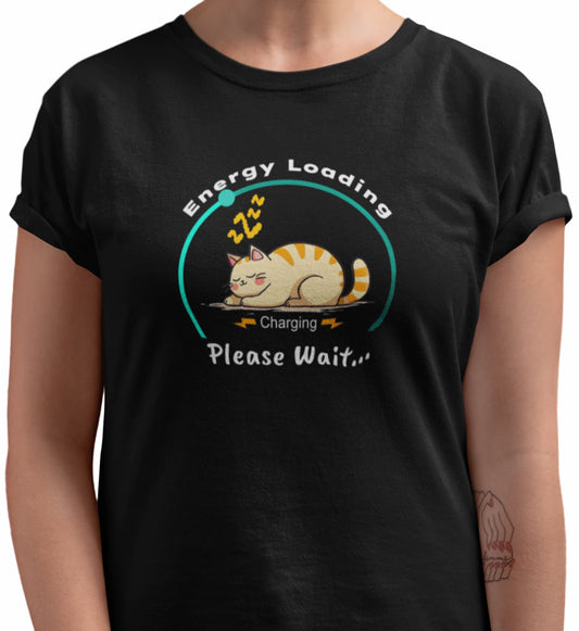 Close-up of Charger Cat Funny Sleeping Cat T-Shirt – graphic with sleeping cat, energy loading and charging please wait text.
