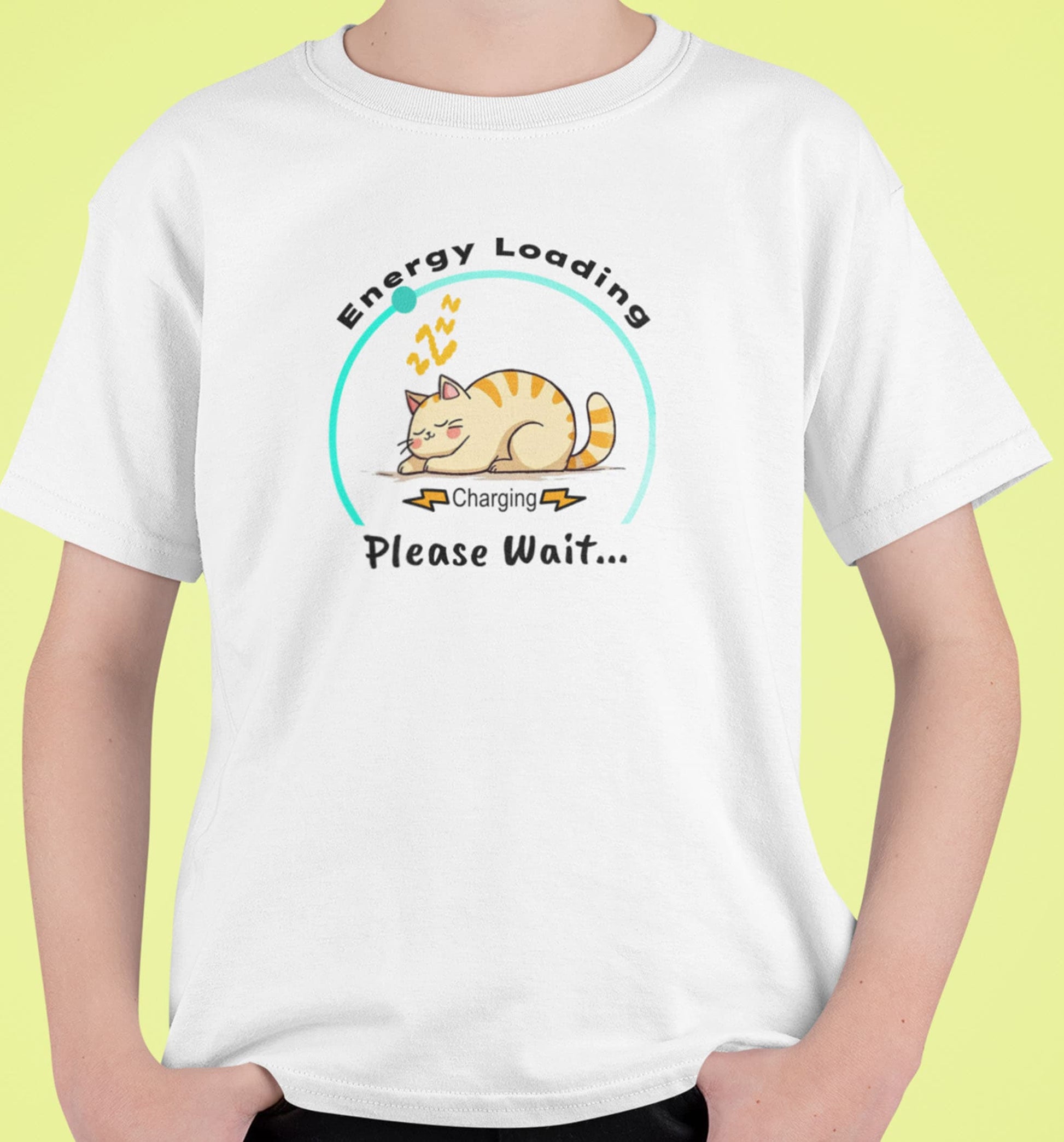 Close-up of Charger Cat Funny Sleeping Cat T-Shirt – graphic with sleeping cat, energy loading and charging please wait text.