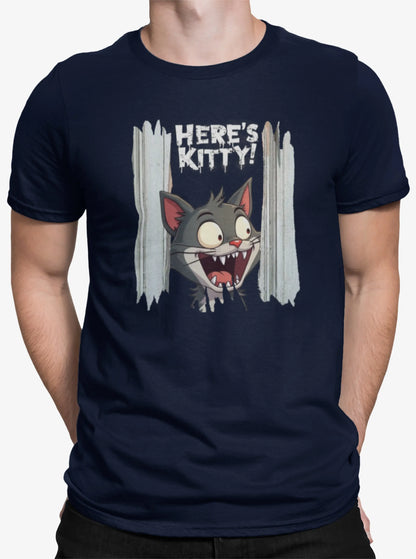 Close-up of the 'Here’s Kitty' print showing detailed linework of the cat’s face, door cracks, and the playful horror typography.