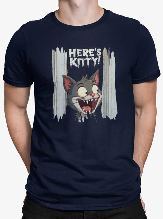 Close-up of the 'Here’s Kitty' print showing detailed linework of the cat’s face, door cracks, and the playful horror typography.