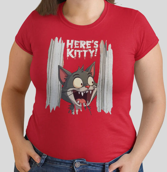 Close-up of the 'Here’s Kitty' print showing detailed linework of the cat’s face, door cracks, and the playful horror typography.