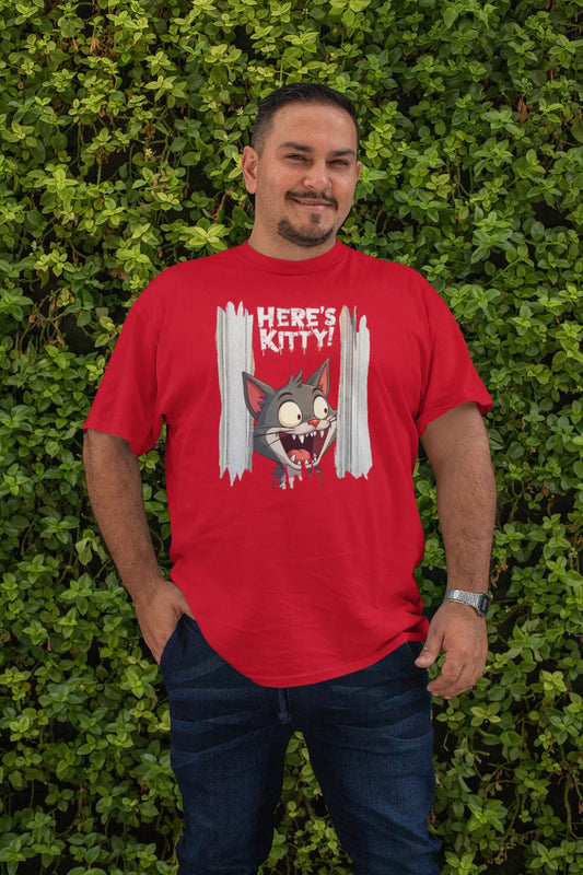 Mockup of the 'Here’s Kitty' T-shirt featuring a mischievous cat peeking through a broken door with a playful horror-inspired design.