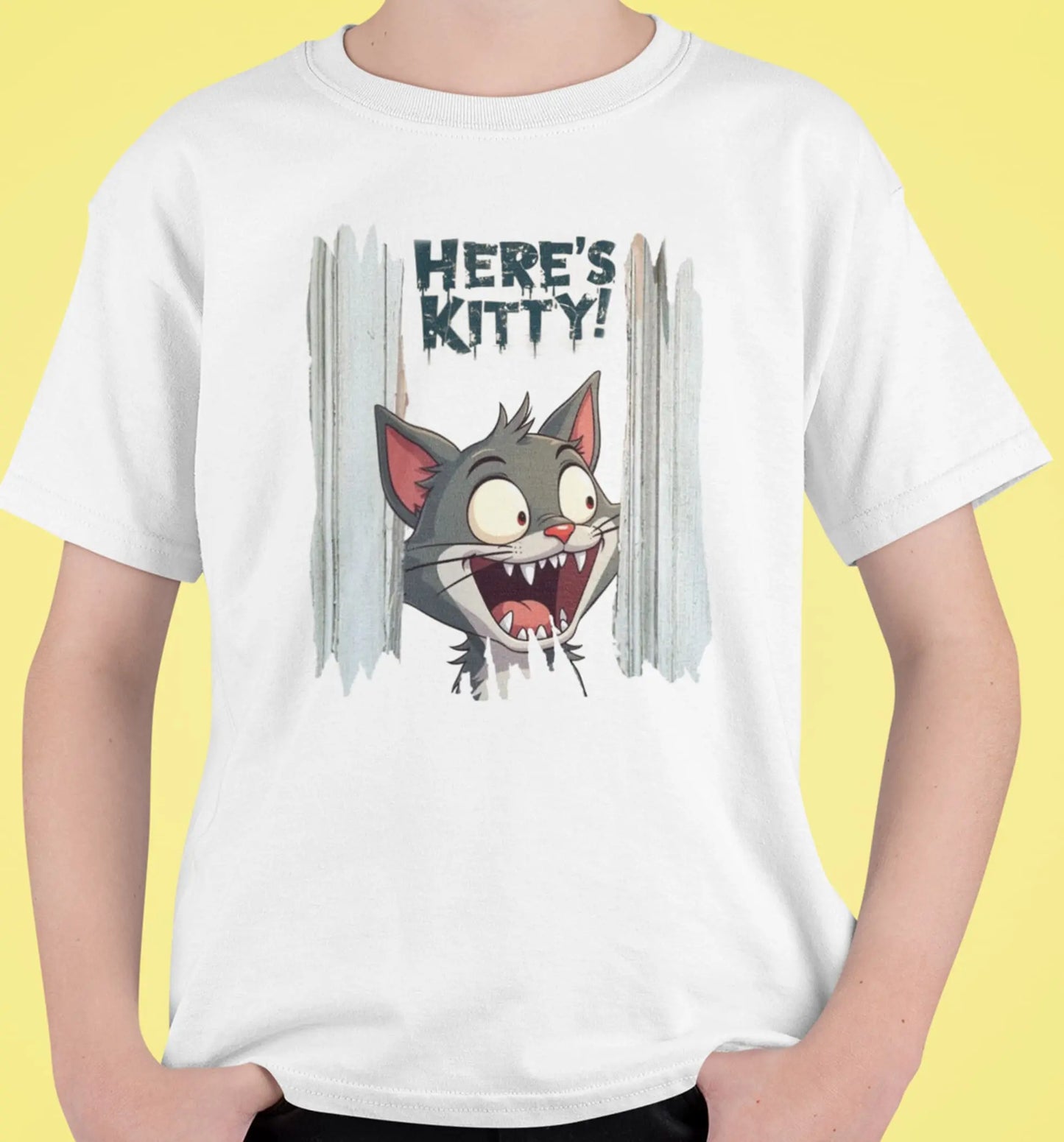 Close-up of the 'Here’s Kitty' print showing detailed linework of the cat’s face, door cracks, and the playful horror typography.