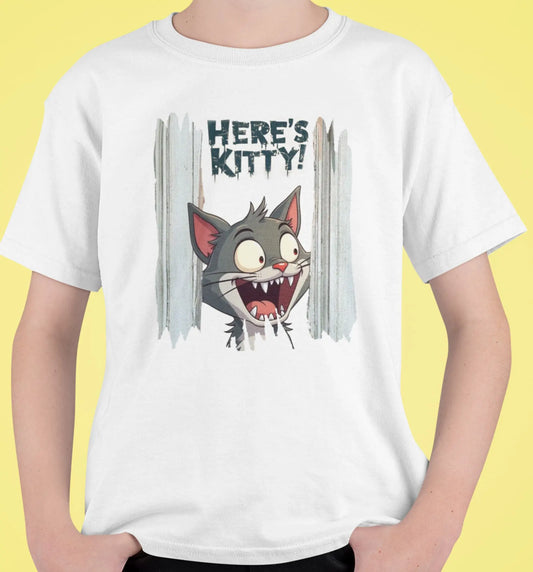 Close-up of the 'Here’s Kitty' print showing detailed linework of the cat’s face, door cracks, and the playful horror typography.