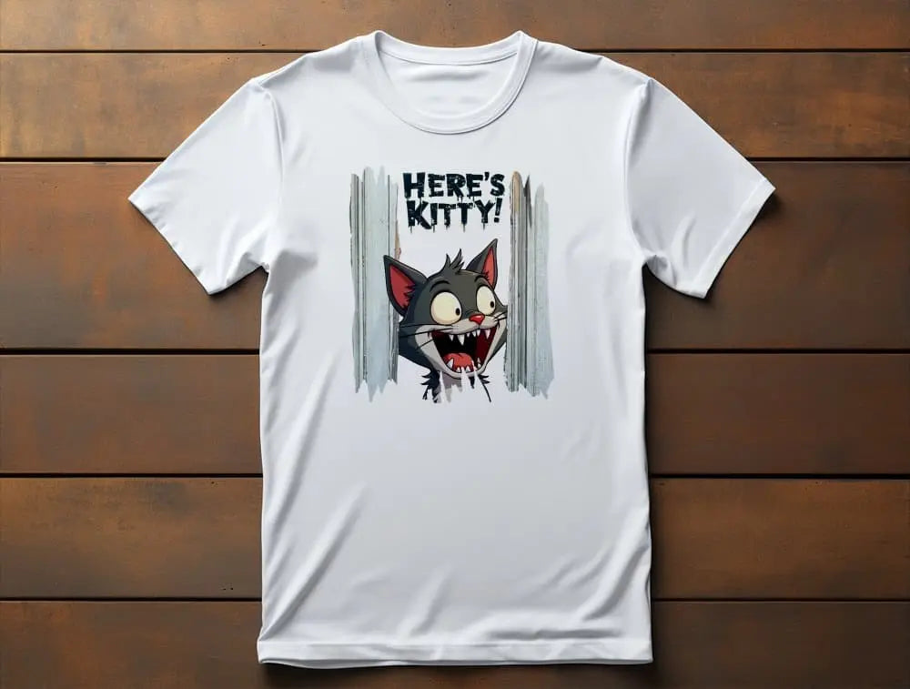 Flat lay of the 'Here’s Kitty' T-shirt showing the cat peering through the door with bold text reading 'Here’s Kitty!' in a horror parody style.