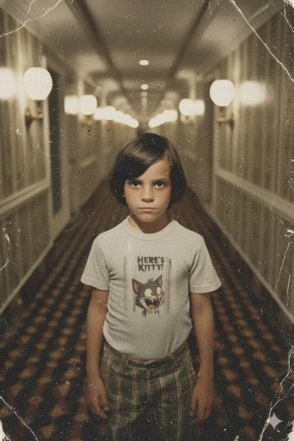 Model wearing the 'Here’s Kitty' T-shirt, a fun horror-themed design with a cat humor twist inspired by classic movie suspense.