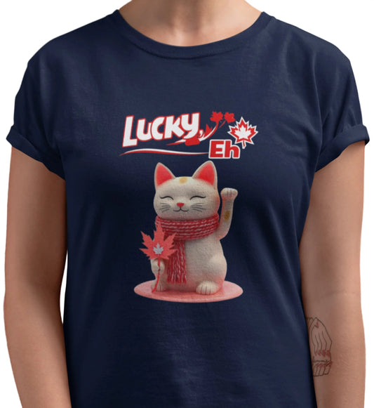 Close-up of Lucky Eh T-Shirt print – Maneki-neko cat holding maple leaf, wrapped in scarf, playful Canadian lucky cat design.