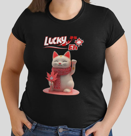 Close-up of Lucky Eh T-Shirt print – Maneki-neko cat holding maple leaf, wrapped in scarf, playful Canadian lucky cat design.