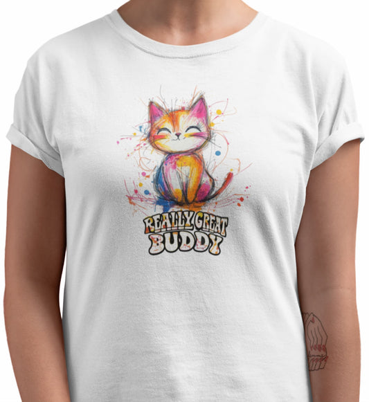 Close-up of RGB Cat t-shirt print showing vibrant Really Great Buddy cat design
