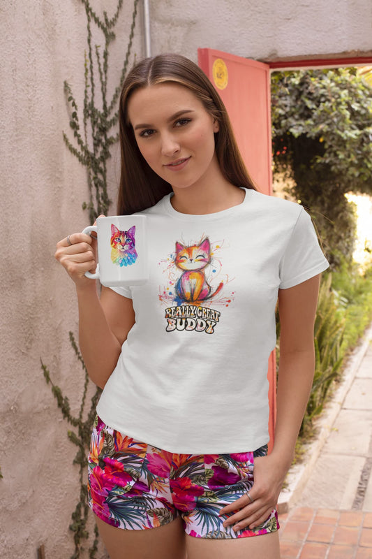 Mockup of RGB Cat women’s t-shirt with colorful Really Great Buddy design
