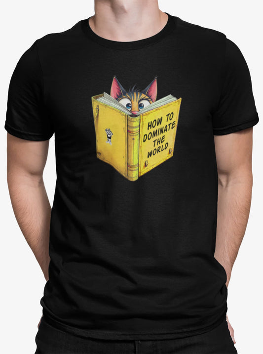 Close-up of How to Dominate the World Funny Conspirator Cat T-Shirt – graphic of focused cat reading book titled How to Dominate the World.