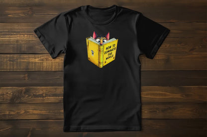 How to Dominate the World Funny Conspirator Cat T-Shirt – unisex premium tee with witty cat reading book design.