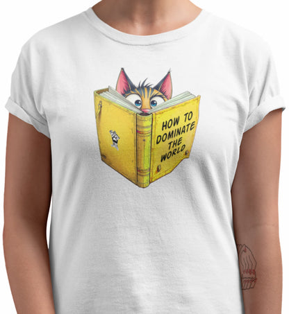 Close-up of How to Dominate the World Funny Conspirator Cat T-Shirt – graphic of focused cat reading book titled How to Dominate the World.