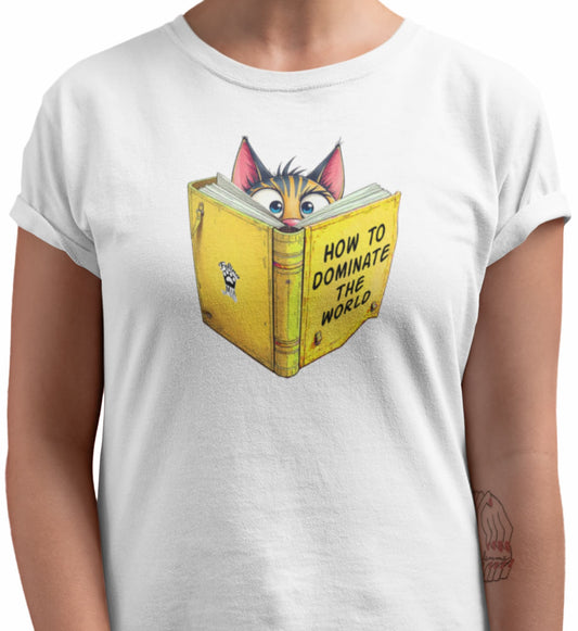 Close-up of How to Dominate the World Funny Conspirator Cat T-Shirt – graphic of focused cat reading book titled How to Dominate the World.