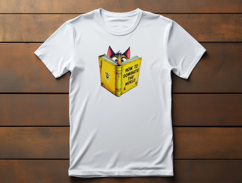 How to Dominate the World Funny Conspirator Cat T-Shirt – unisex premium tee with witty cat reading book design.