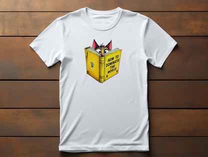 How to Dominate the World Funny Conspirator Cat T-Shirt – unisex premium tee with witty cat reading book design.
