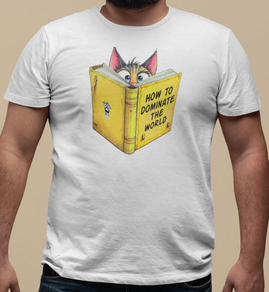 Close-up of How to Dominate the World Funny Conspirator Cat T-Shirt – graphic of focused cat reading book titled How to Dominate the World.