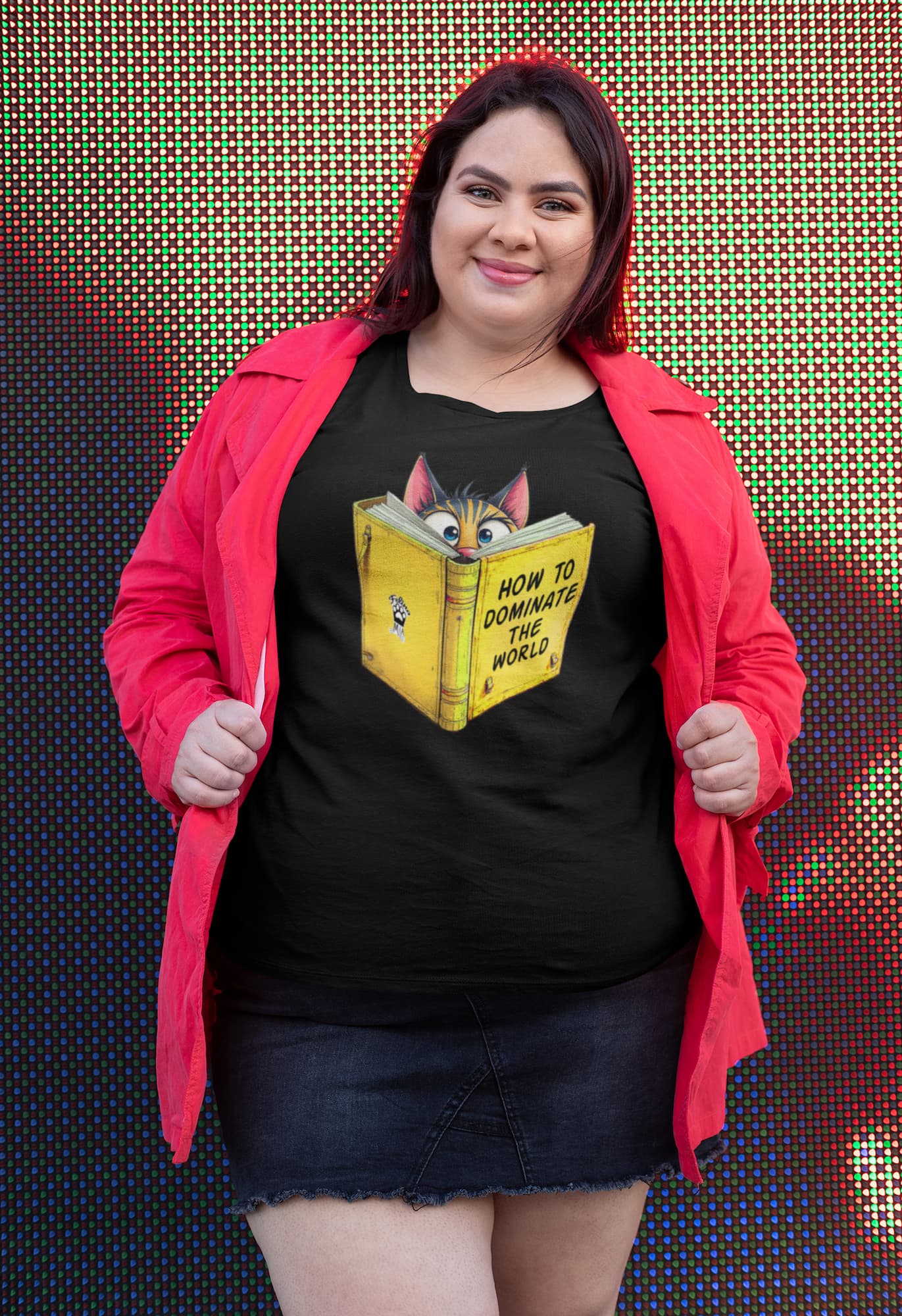 Casual outfit featuring How to Dominate the World Funny Conspirator Cat T-Shirt – sarcastic cat lover tee with conspiracy theme.
