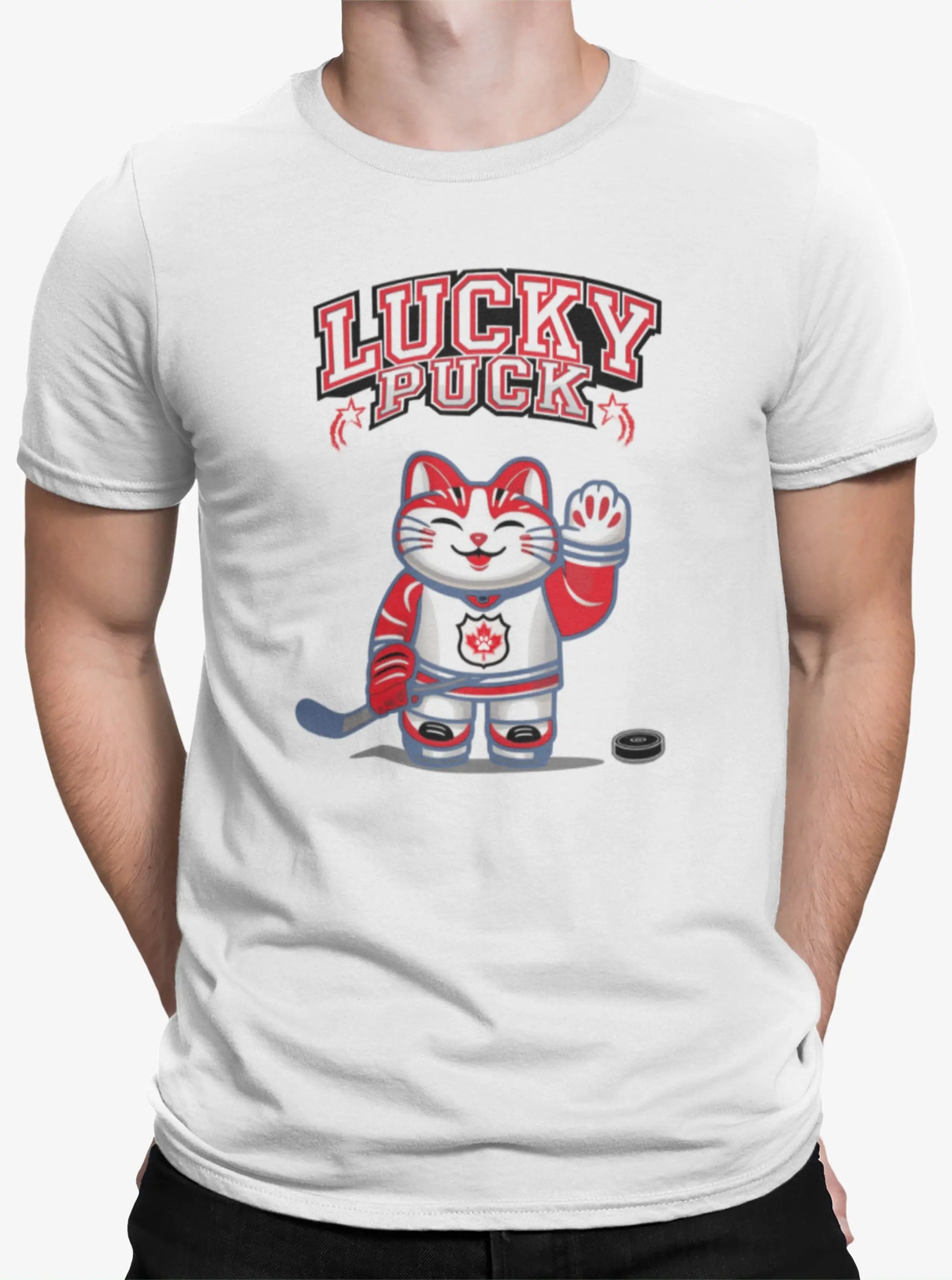 Close-up of Lucky Puck T-Shirt print – Maneki-neko cat in hockey gear holding stick, Canadian lucky cat sports design.