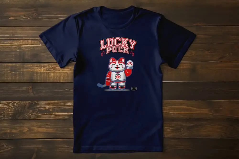 Lucky Puck Unisex T-Shirt – Maneki-neko cat in hockey uniform with stick, Canadian lucky cat sports design.