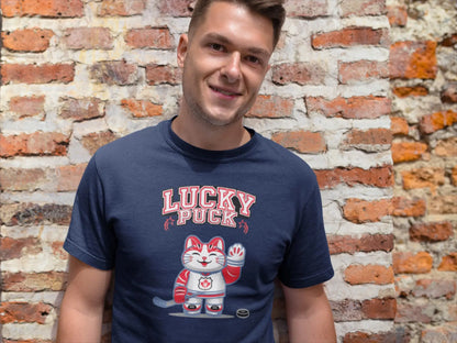 Person styling Lucky Puck T-Shirt – premium unisex hockey-inspired Maneki-neko lucky cat design, Canadian sports style.