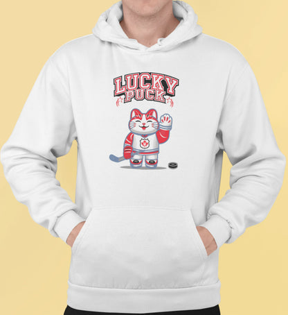 Close-up of Lucky Puck Hoodie print – Maneki-neko cat in hockey gear holding stick, Canadian lucky cat sports design.