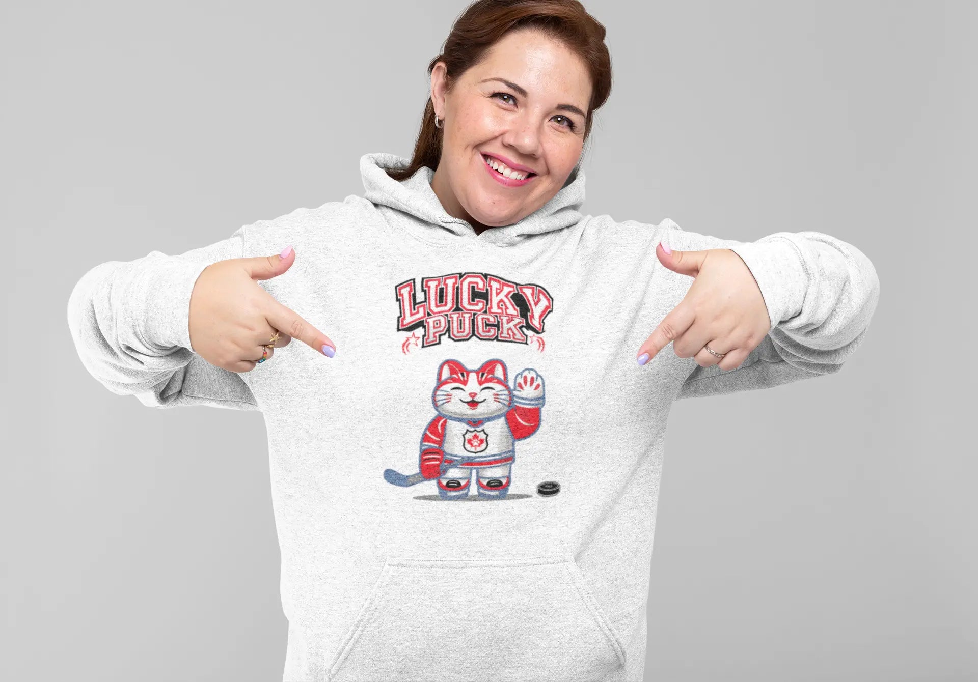 Model wearing Lucky Puck Hoodie – unisex premium tee with Maneki-neko in hockey gear holding stick, Canadian lucky cat design.
