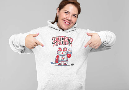 Model wearing Lucky Puck Hoodie – unisex premium tee with Maneki-neko in hockey gear holding stick, Canadian lucky cat design.