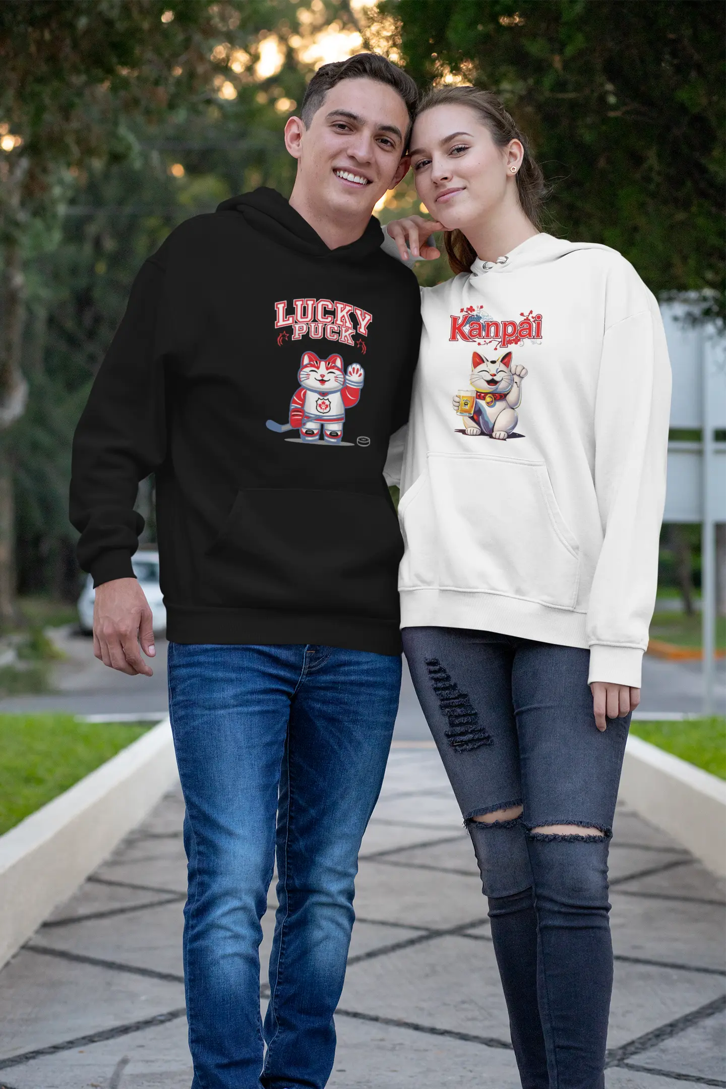 Person styling Lucky Puck Hoodie – premium unisex hockey-inspired Maneki-neko lucky cat design, Canadian sports style.