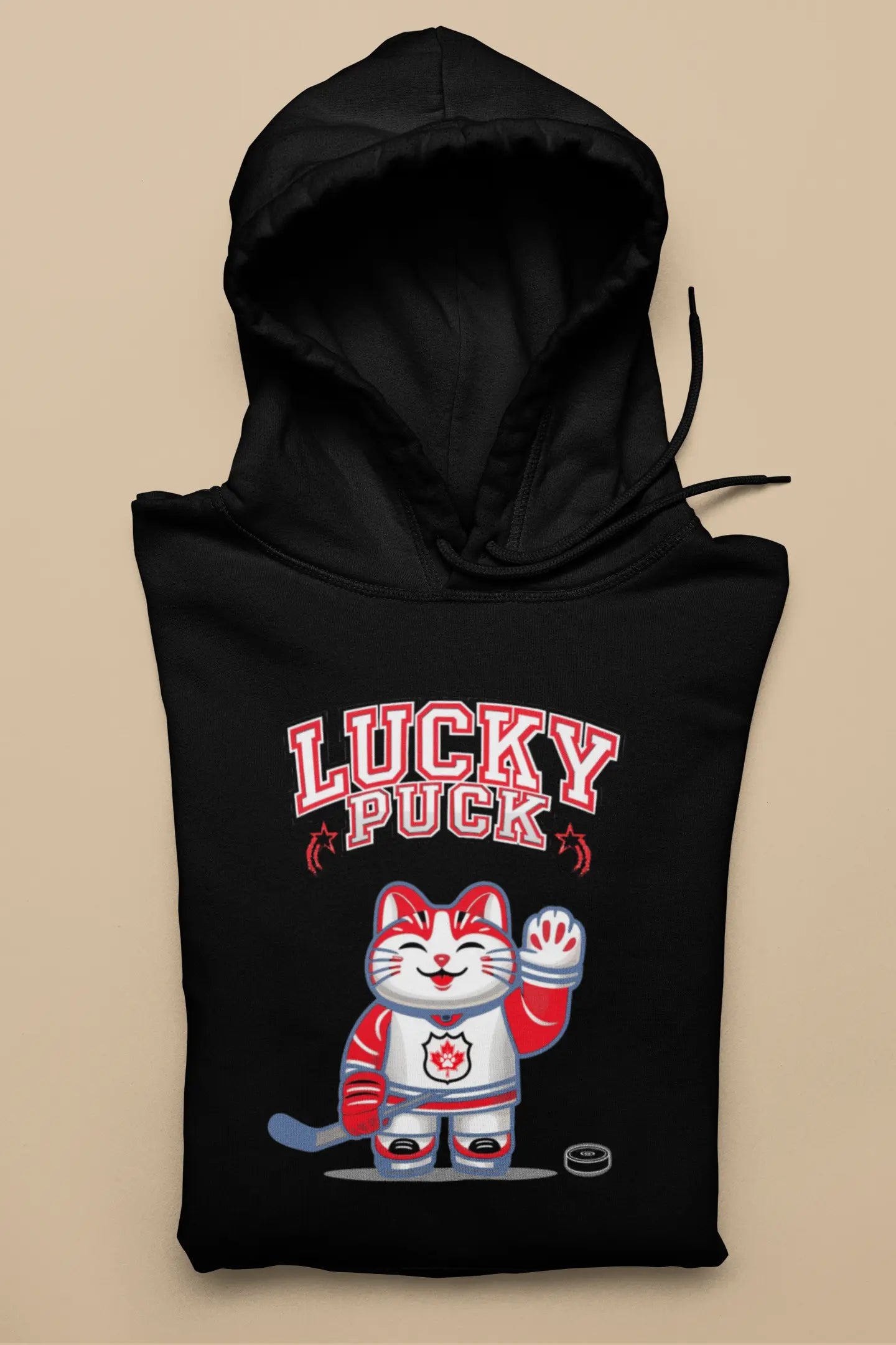 Lucky Puck Unisex Hoodie – Maneki-neko cat in hockey uniform with stick, Canadian lucky cat sports design.