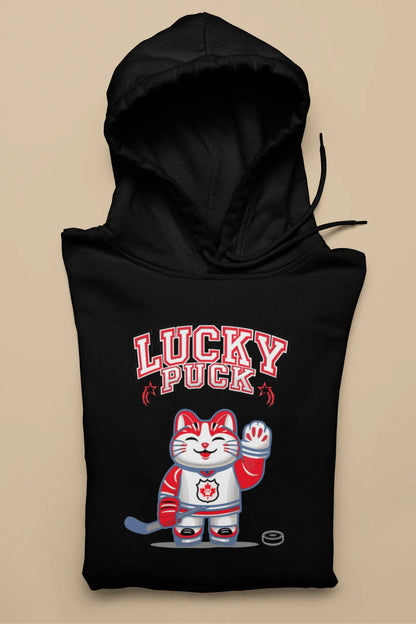 Lucky Puck Unisex Hoodie – Maneki-neko cat in hockey uniform with stick, Canadian lucky cat sports design.