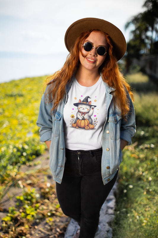 Mockup of Witch Luck Halloween cat t-shirt featuring Maneki-neko with witch hat and colorful floral gradient backdrop in classic women’s style
