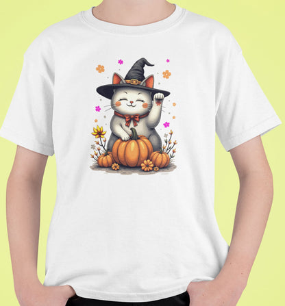 Close-up of Witch Luck cat t-shirt artwork showing witch hat Maneki-neko with raised paw, floral gradients, and playful magical details