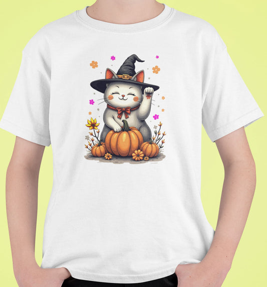 Close-up of Witch Luck cat t-shirt artwork showing witch hat Maneki-neko with raised paw, floral gradients, and playful magical details